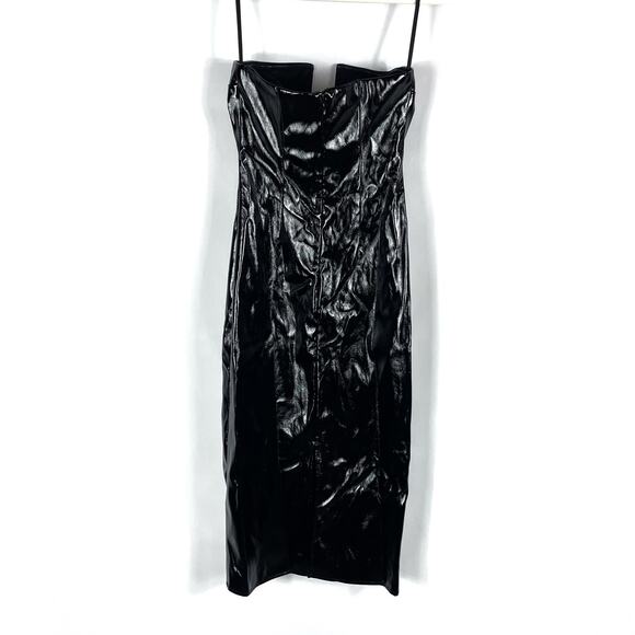 Superdown Julia Faux Leather Midi Dress Black Bust Cutout Glossy Strapless Sz XS - Picture 11 of 13